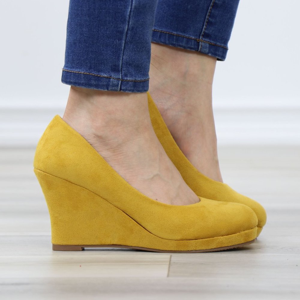 Mustard Faux Suede Close Round Toe Wedge High Heel - Picture 3 of 11
